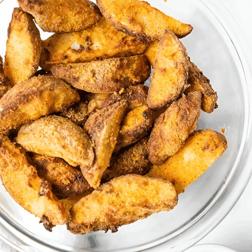 A clear glass bowl filled with golden-brown, seasoned potato wedges from Wings Things & Pizza.